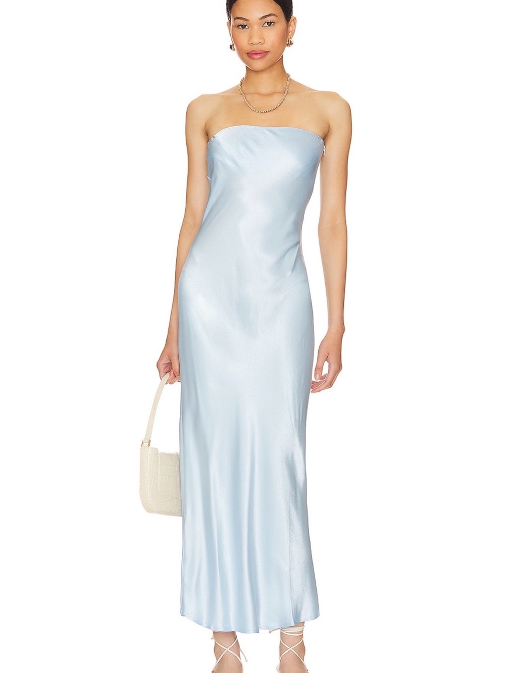 SNDYS Strapless Satin Midi Dress in Light Blue